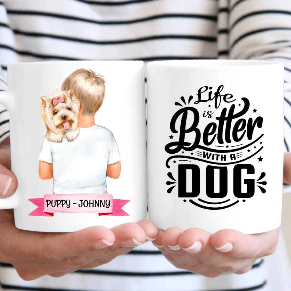 Personalisierbare Tasse - Junge/Mädchen mit Hund auf Arm