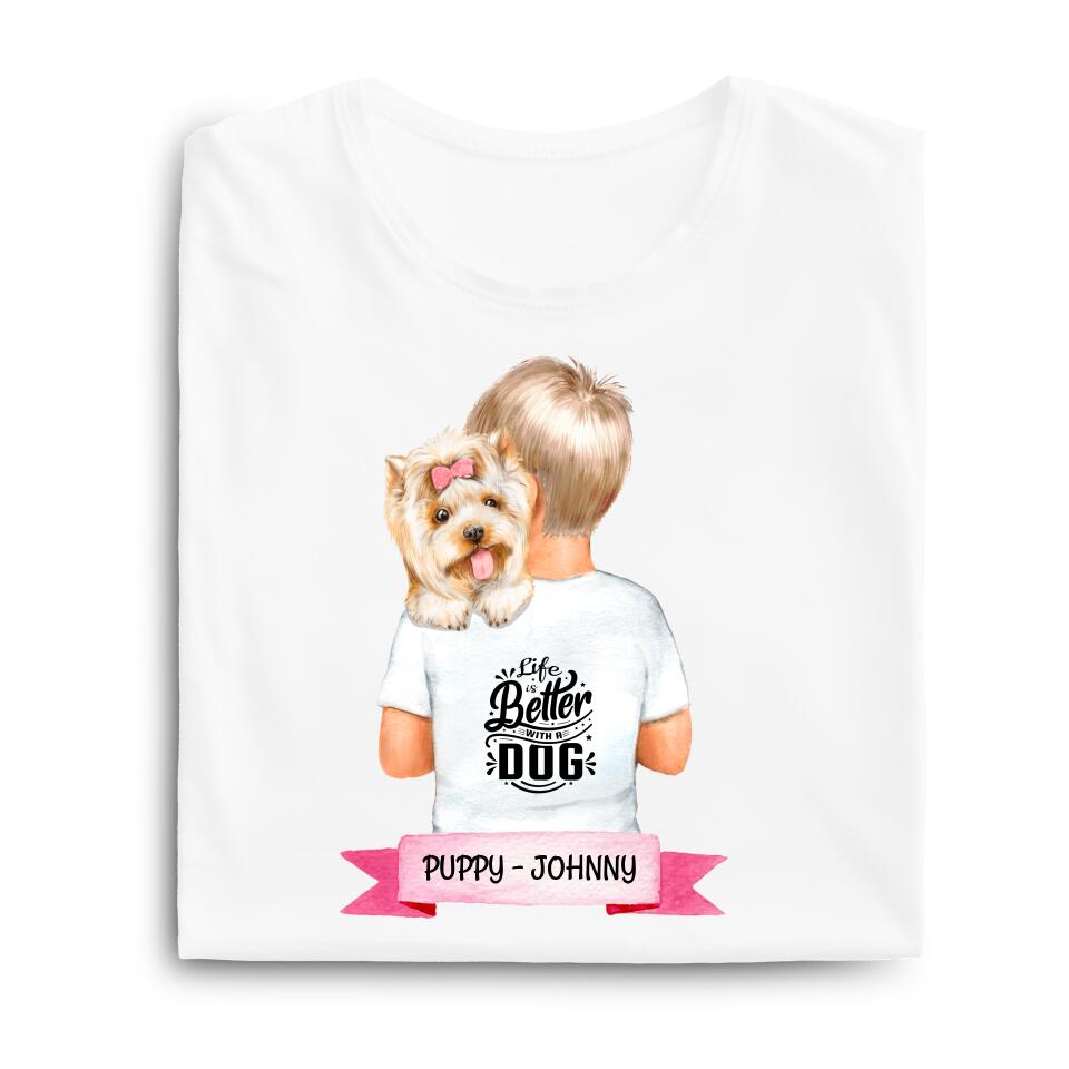 Kinder Bio T-Shirt - Junge/Mädchen mit Hund auf dem Arm - Personalisierbar